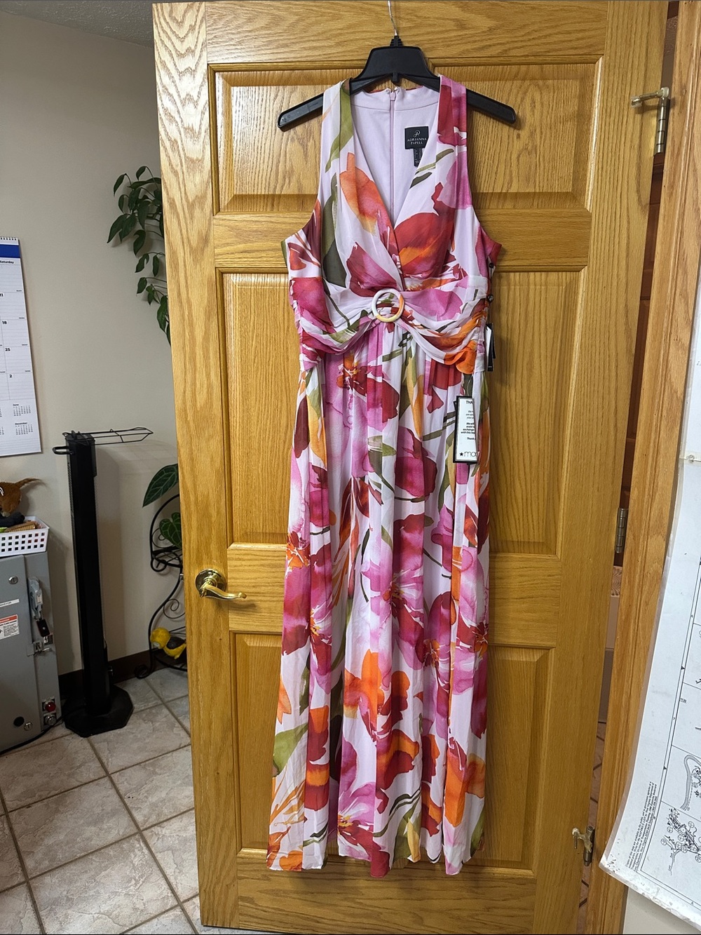 Adrianna Papell Pink Floral V-Neck Maxi with Ring Belt